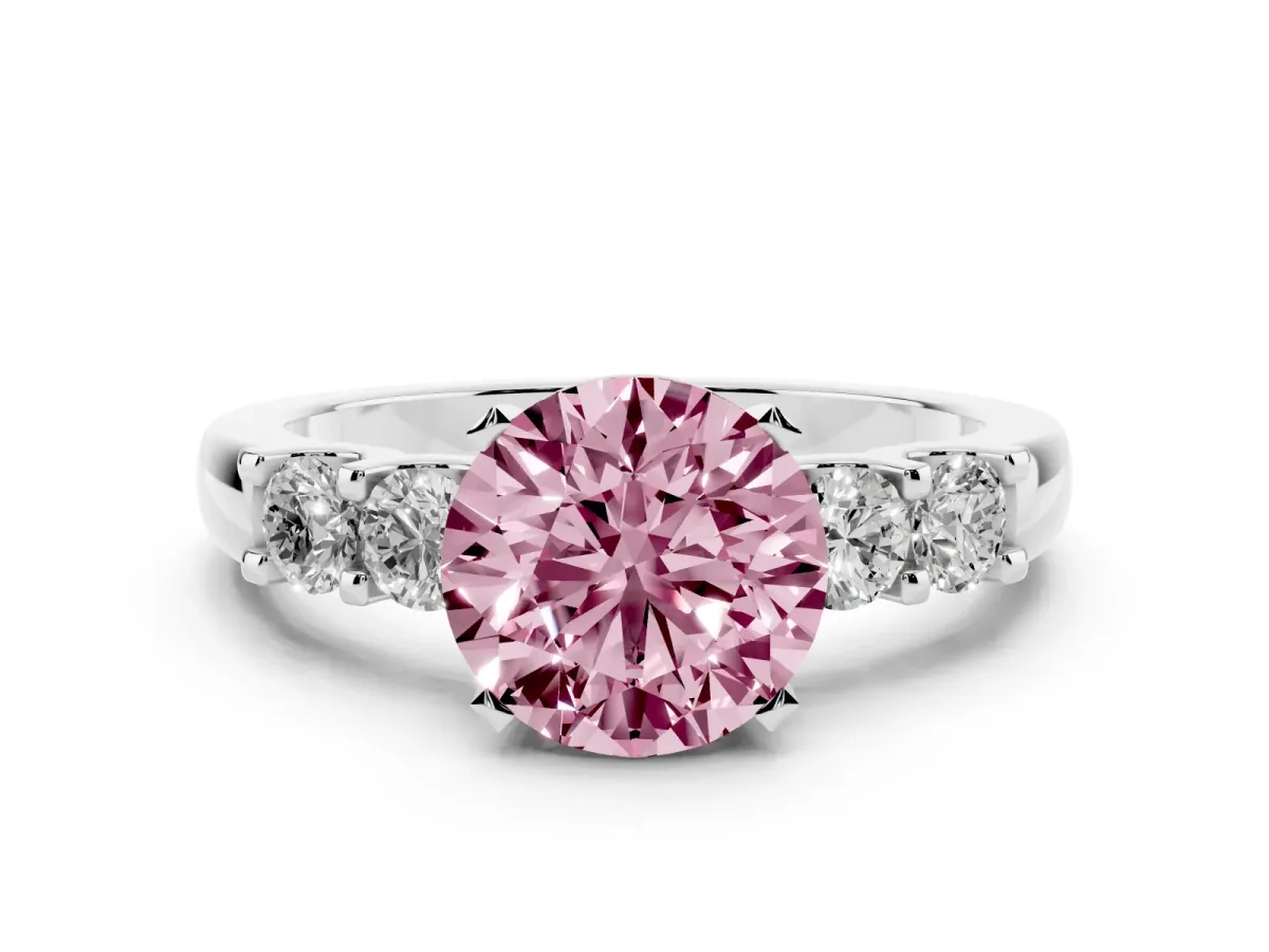 Fancy Pink Round Cut Brilliant Cut Diamond Five-Stone Prong Set Engagement Ring with Channel Band Platinum