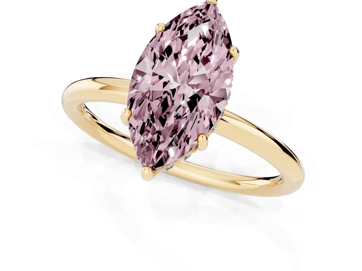 Fancy Pink Marquise Cut Solitaire Diamond Ring with a Classic Band and Four-Prong Setting Yellow gold
