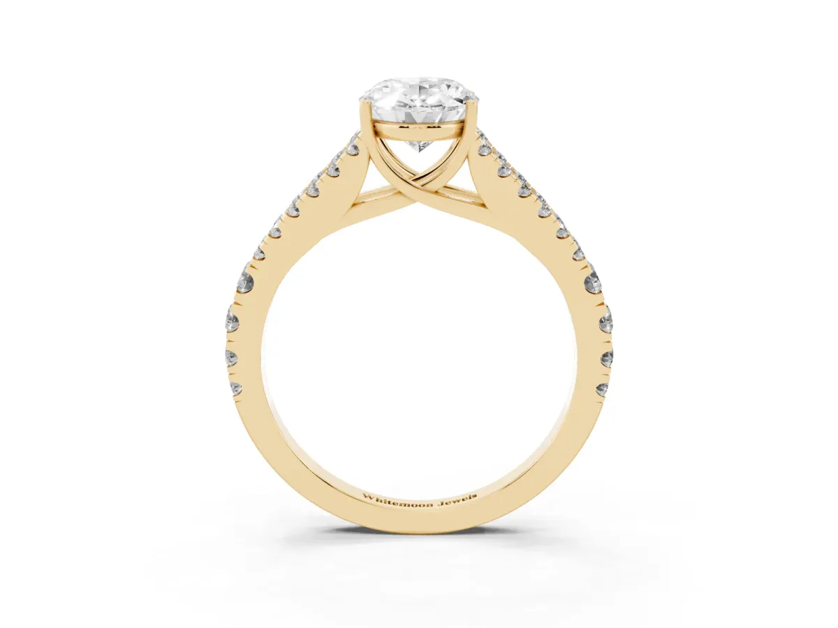 Oval Cut Diamond Split Shank Pavé Engagement Ring with Four-Prong Setting Yellow gold