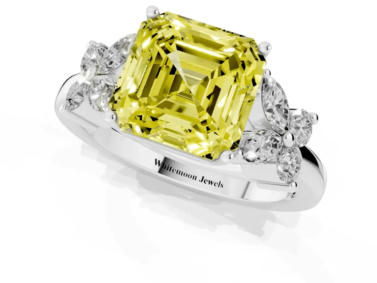 Fancy Yellow Asscher Cut Diamond Floral Cluster Ring with Solitaire Band and Prong Setting White gold