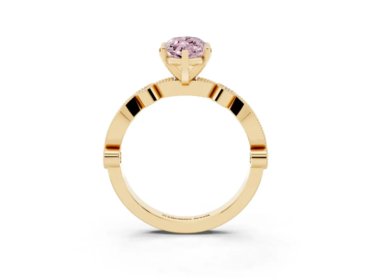 Fancy Pink Marquise Cut Milgrain Bezel Diamond Engagement Ring with Solitaire Prong Setting Yellow gold