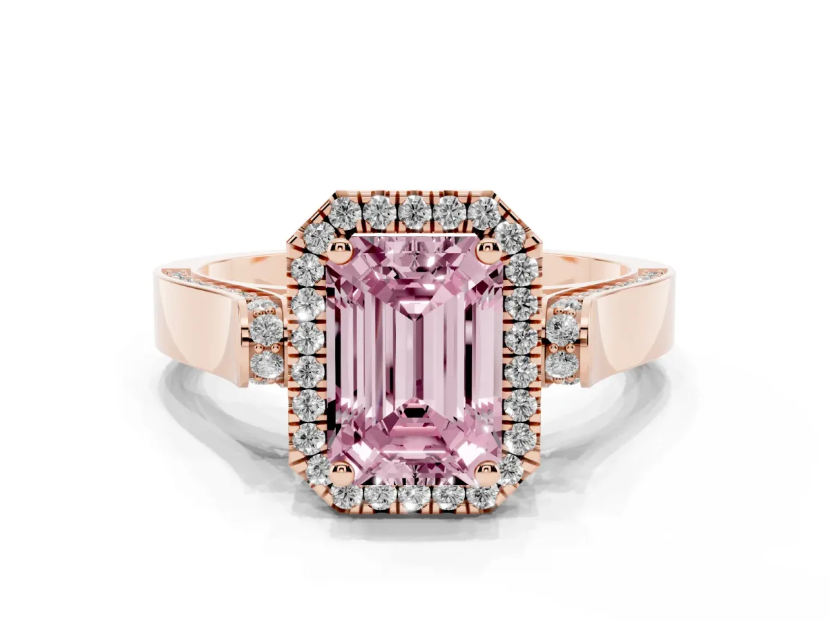 Fancy Pink Emerald Cut Halo Round Diamond Twist Band with Four-Prong Setting Rose gold