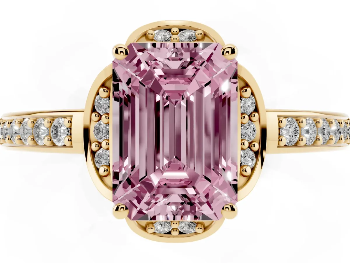 Fancy Pink Emerald Cut Cut Halo Diamond Ring with Channel Set Band and Four-Prong Setting Yellow gold