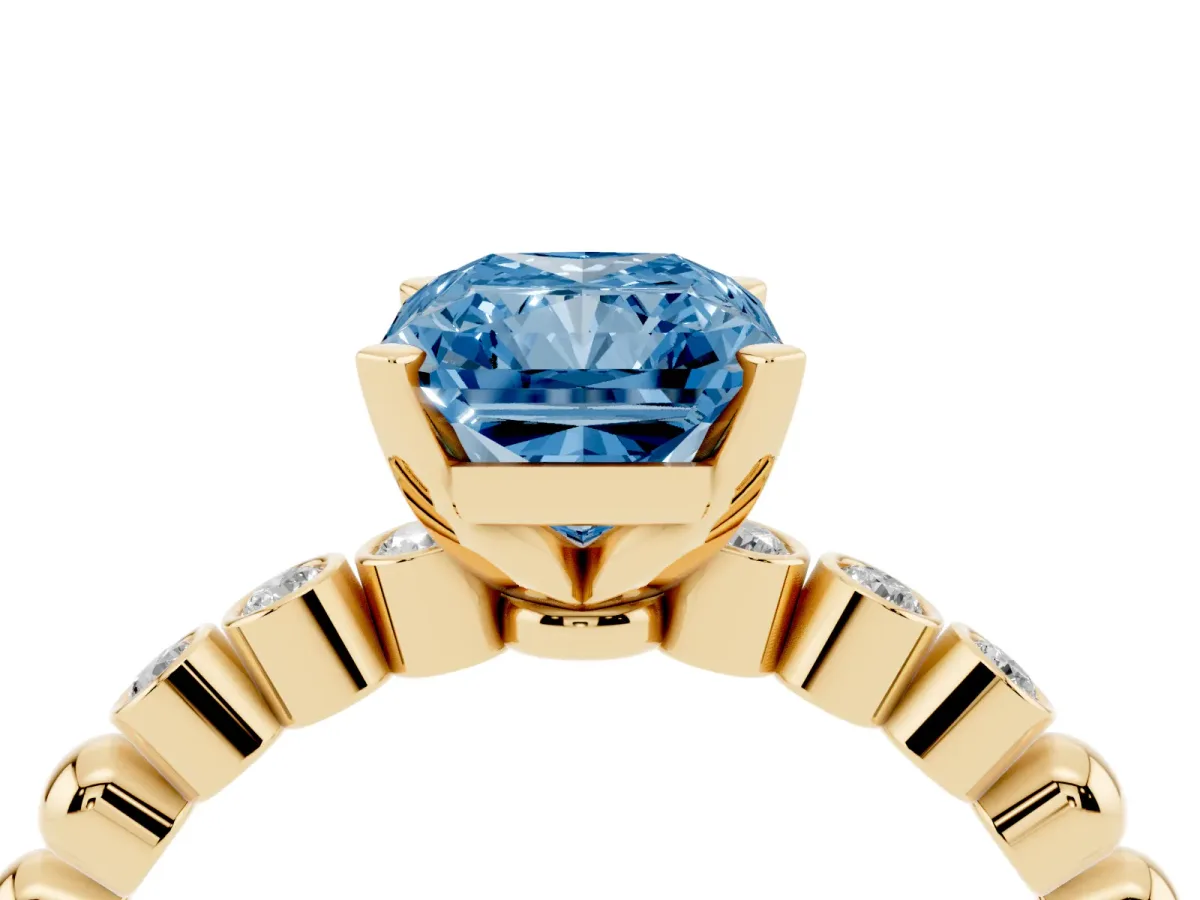 Fancy Blue Radiant Cut Solitaire Bezel Accent Diamond Engagement Ring with Beaded Band and Four-Prong Setting Yellow gold