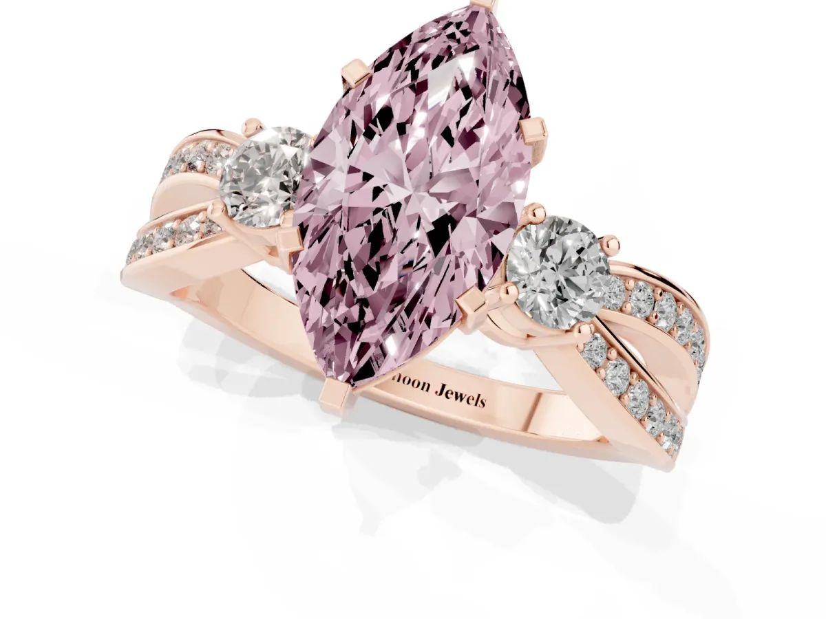 Fancy Pink Three-Stone Marquise Cut Cut Diamond Twist Band with Prong Setting Rose gold