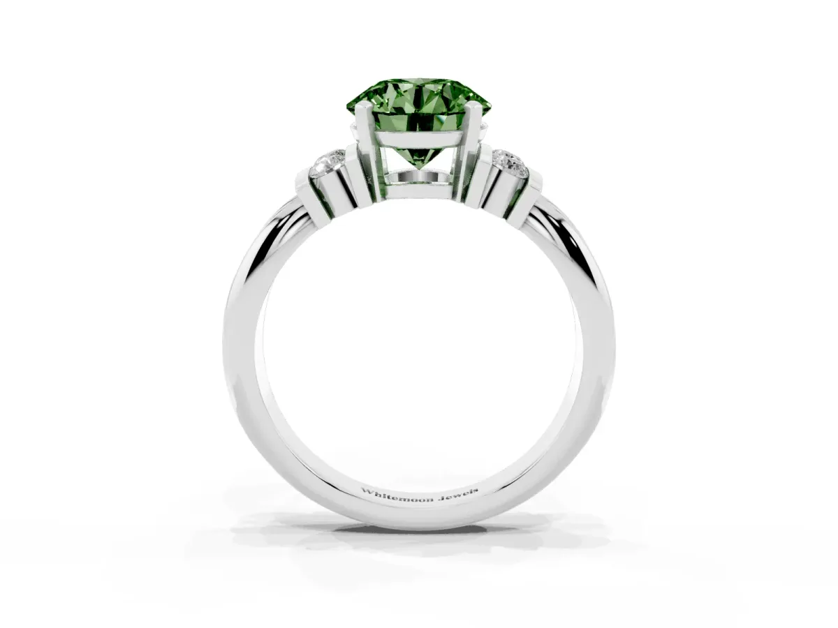 Fancy Green Round Cut Cut Three-Stone Channel Set Ring with Bar Prongs Silver