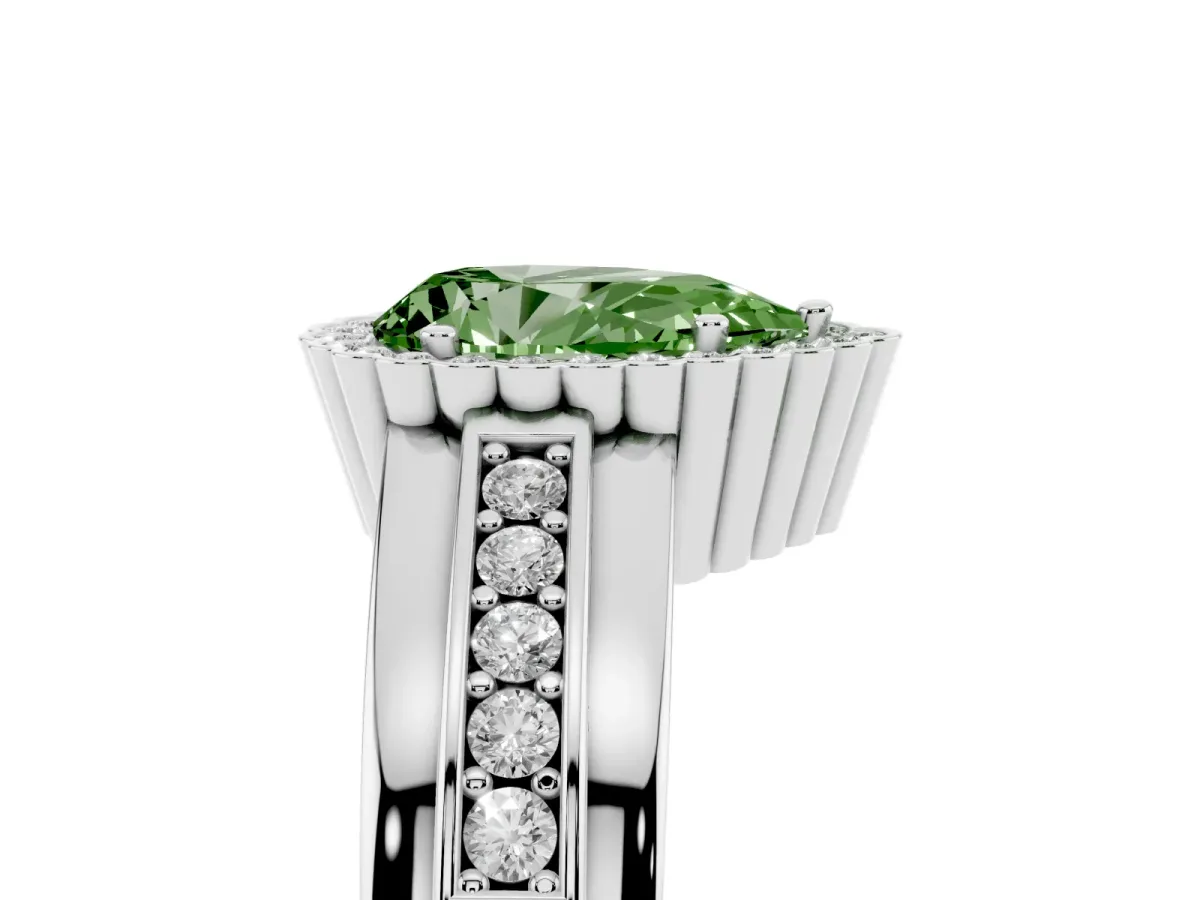 Fancy Green Pear Cut Cut Halo Pave Band Four-Prong Ring Platinum