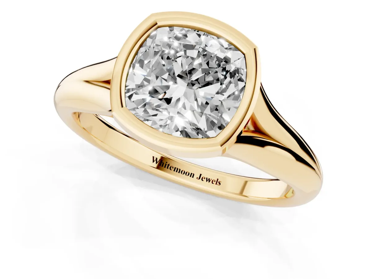 Bezel Set Cushion Cut Solitaire Diamond Ring with Smooth Band Yellow gold