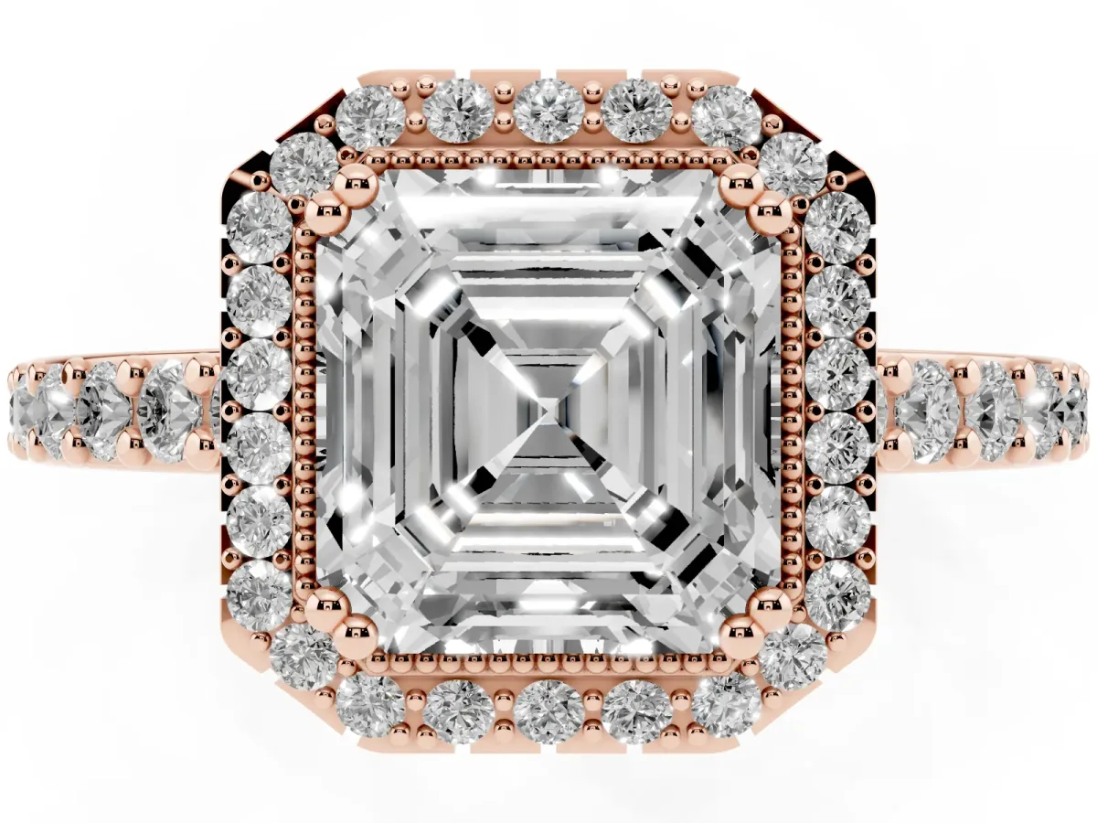 Asscher Cut Cut Diamond Halo Engagement Ring with Milgrain Detail and Pavé Band Rose gold