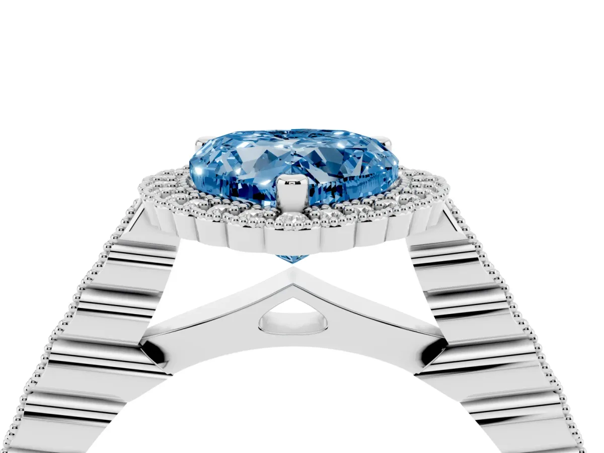 Fancy Blue Heart Cut Cut Halo Pavé Solitaire Ring with Milgrain Band Silver