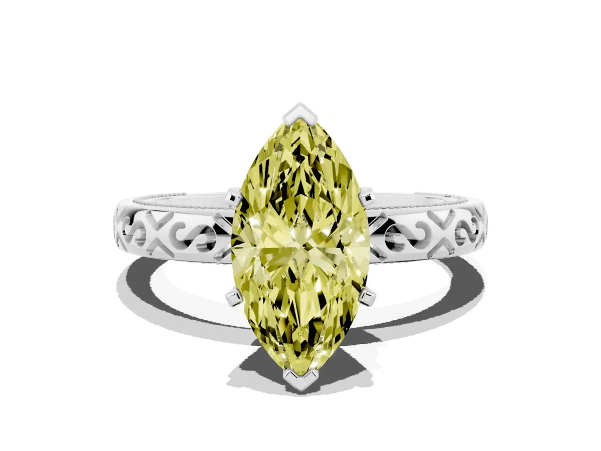 Fancy Yellow Marquise Cut Solitaire Engagement Ring with Scrollwork Band and Four-Prong Setting Platinum