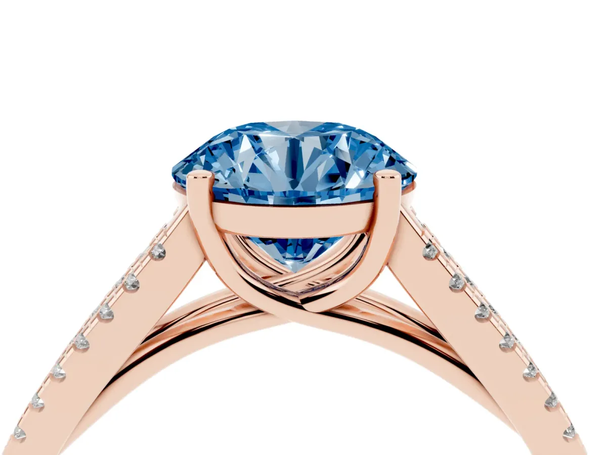 Fancy Blue Round Cut Diamond Solitaire Engagement Ring with Split Shank Pavé Band Rose gold