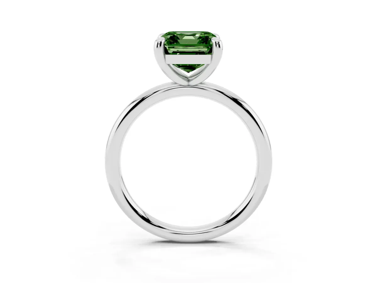 Fancy Green Asscher Cut Solitaire Diamond Ring with Four-Prong Setting on a Plain Band Platinum