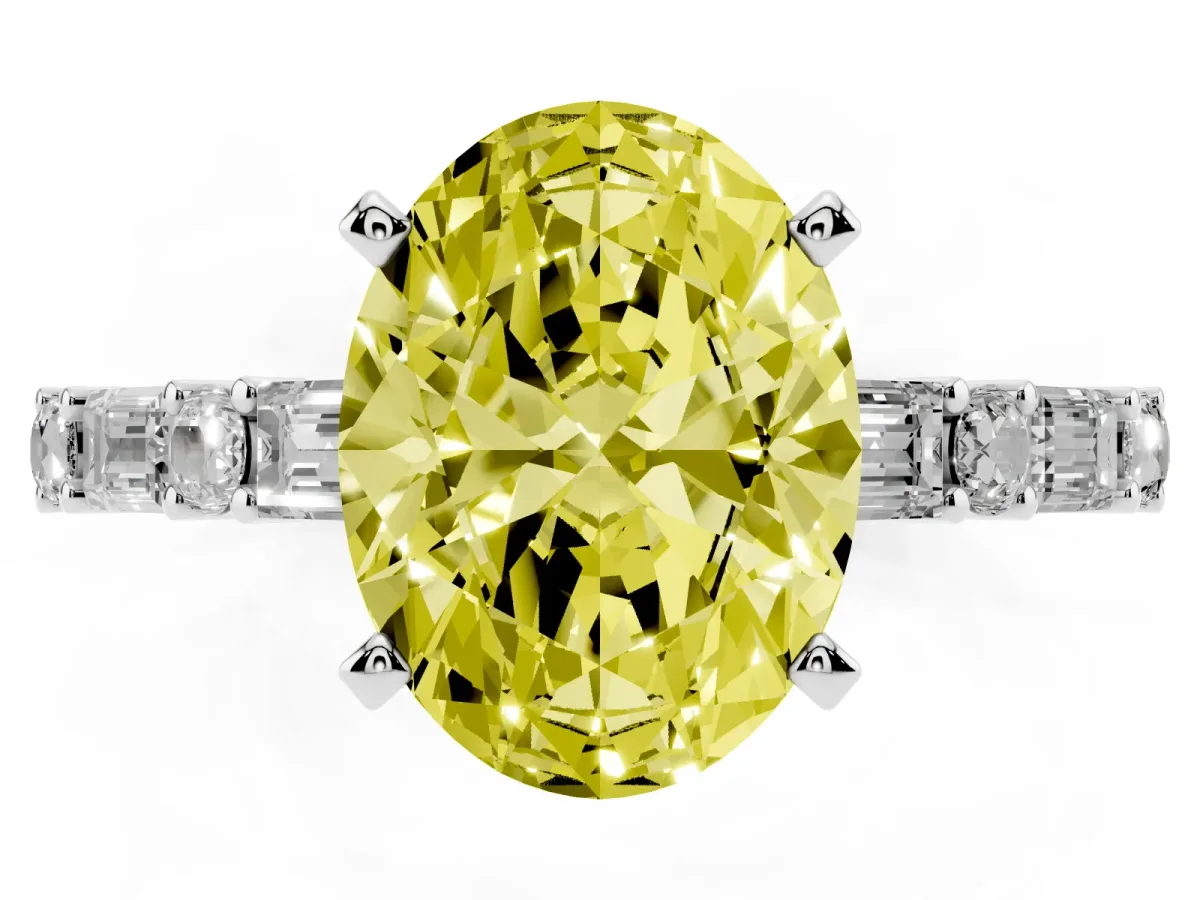 Fancy Yellow Oval Cut Diamond Solitaire with Side Baguettes and Channel Set Band White gold