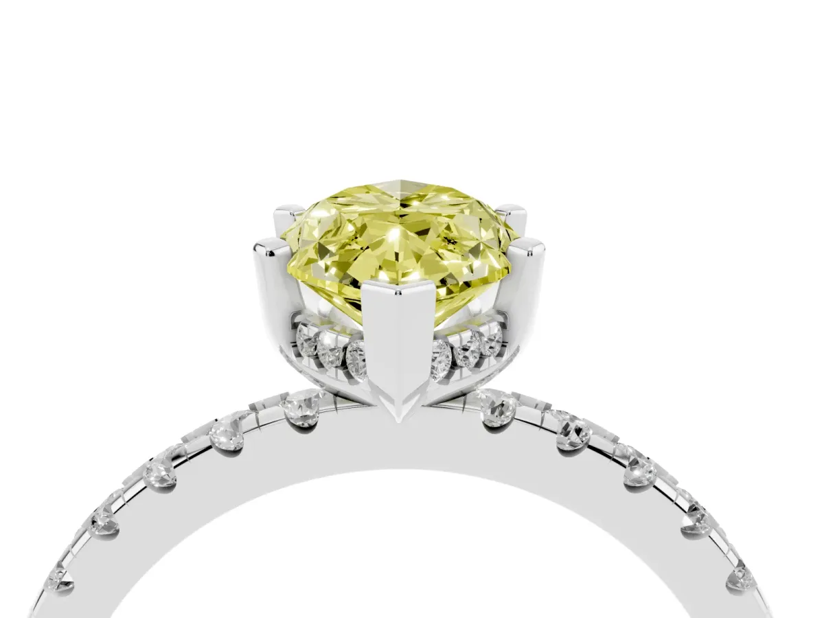Fancy Yellow Marquise Cut Diamond Solitaire Ring with Round Pavé Band and Four-Prong Setting Silver