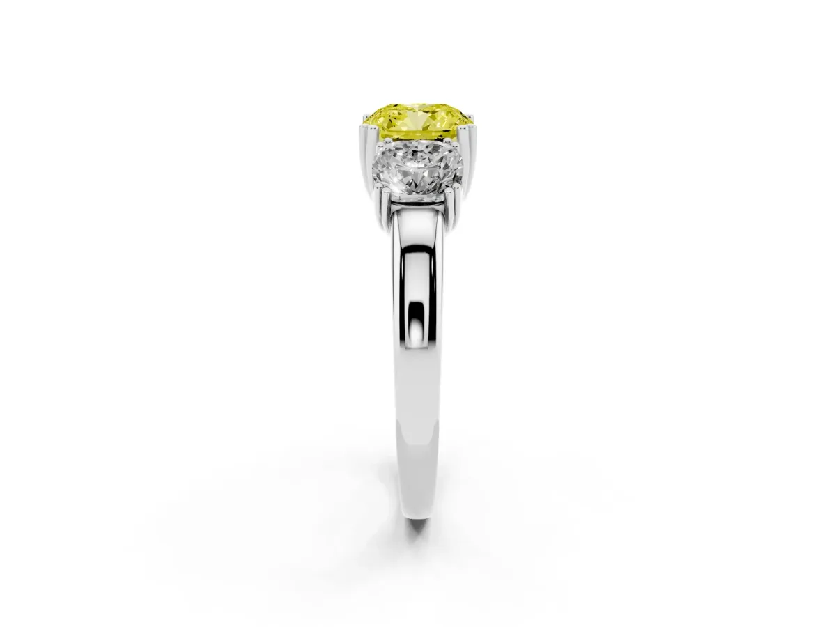 Fancy Yellow Three-Stone Cushion Cut Cut Diamond Ring with Channel Set Band and Four-Prong Setting Silver
