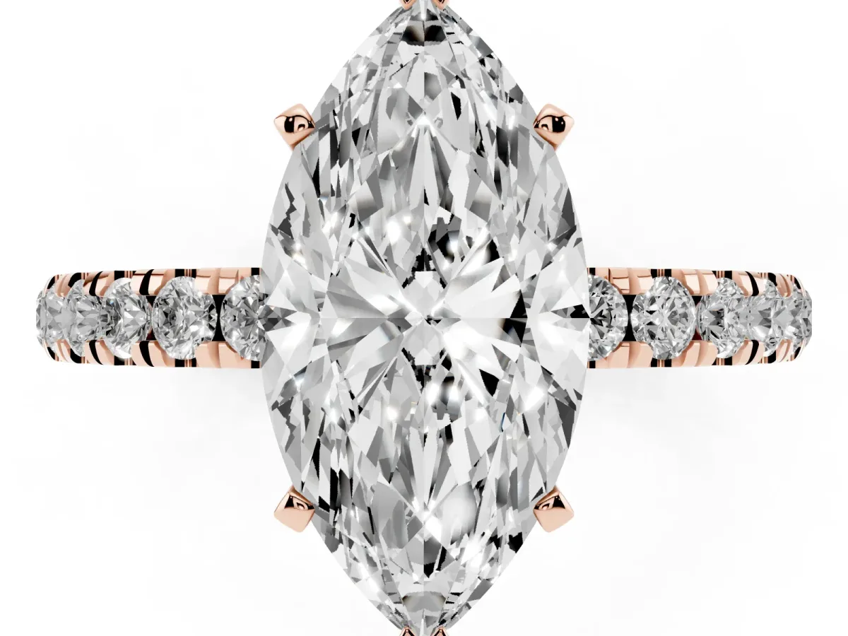 Marquise Cut Diamond Solitaire Ring with Pavé Accents and Four-Prong Setting Rose gold