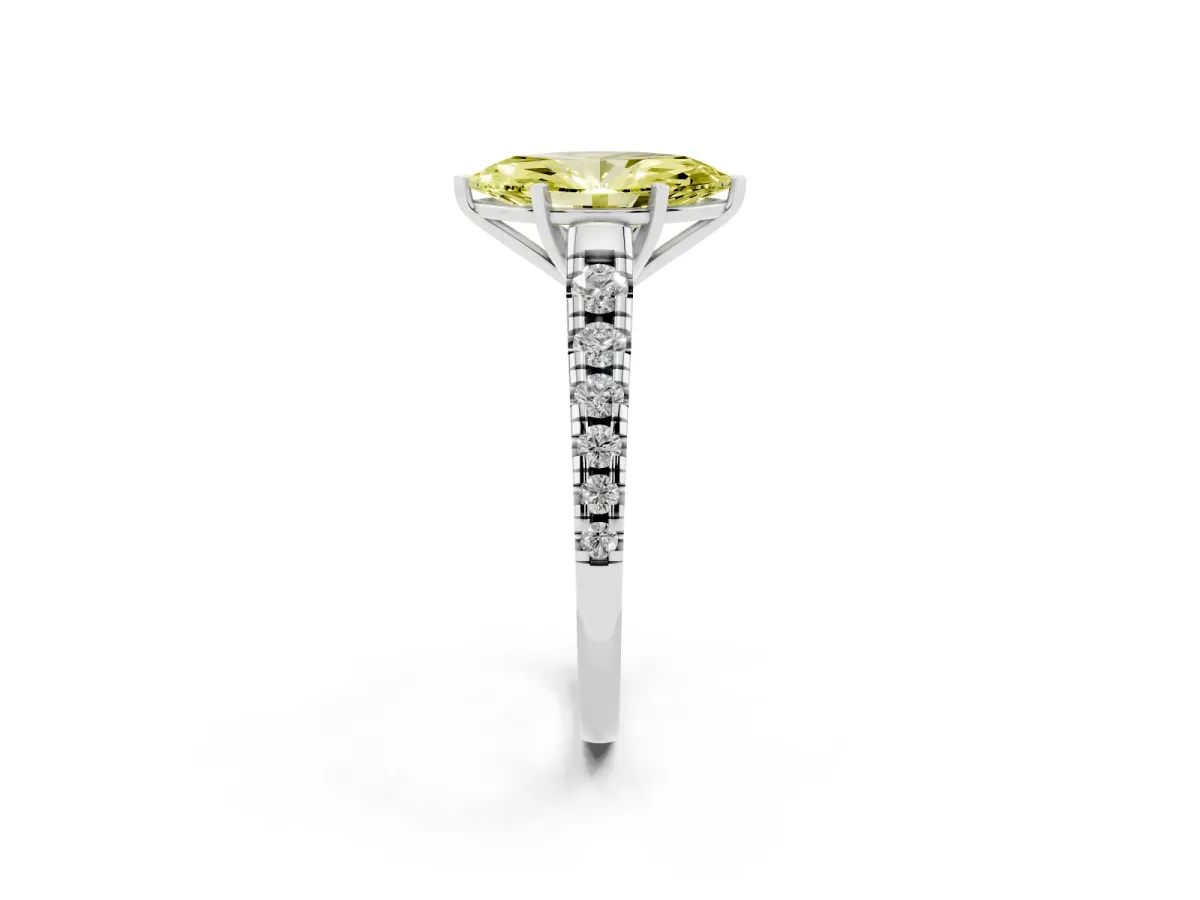 Fancy Yellow Marquise Cut Diamond Cathedral Solitaire Ring with Round Pavé Band Silver