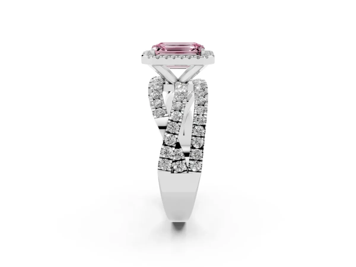 Fancy Pink Emerald Cut Diamond Halo Ring with Round Split Shank and Prong Setting Platinum
