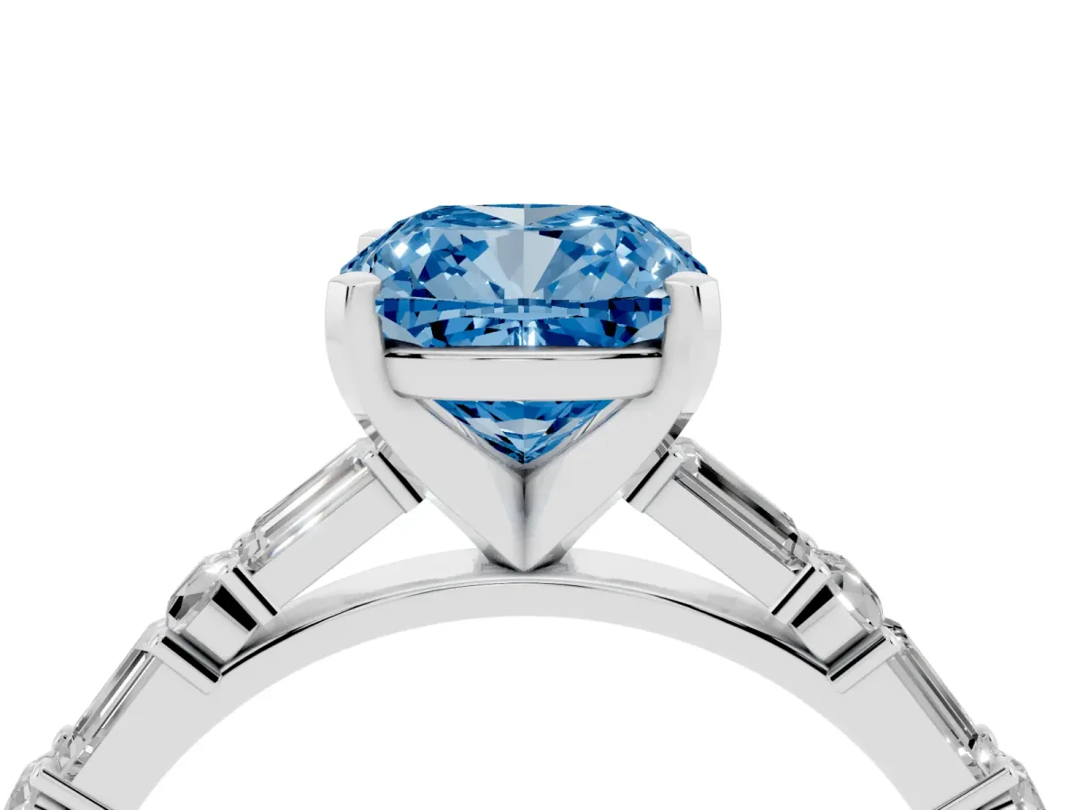 Fancy Blue Cushion Cut Diamond Solitaire with Side Baguettes and Channel Set Band Platinum