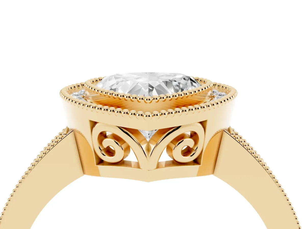 Heart Cut Cut Halo Diamond Ring with Pavé Band and Milgrain Prong Setting Yellow gold