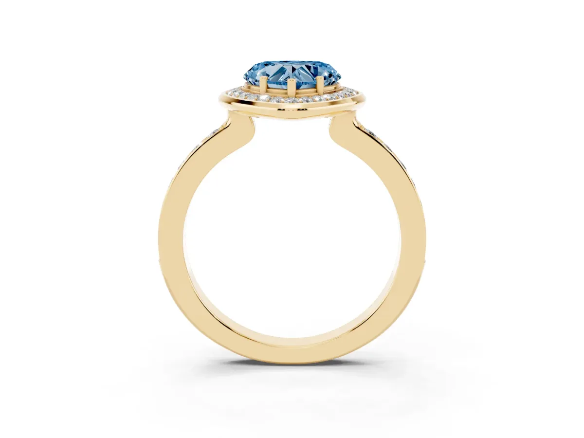Fancy Blue Heart Cut Diamond Halo Ring with Bezel Frame and Pavé Band Yellow gold