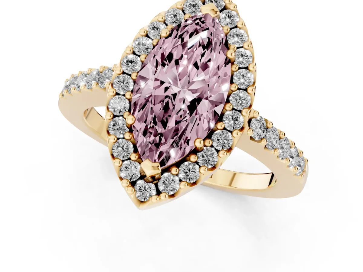 Fancy Pink Marquise Cut Halo Diamond Pavé Solitaire Ring Yellow gold