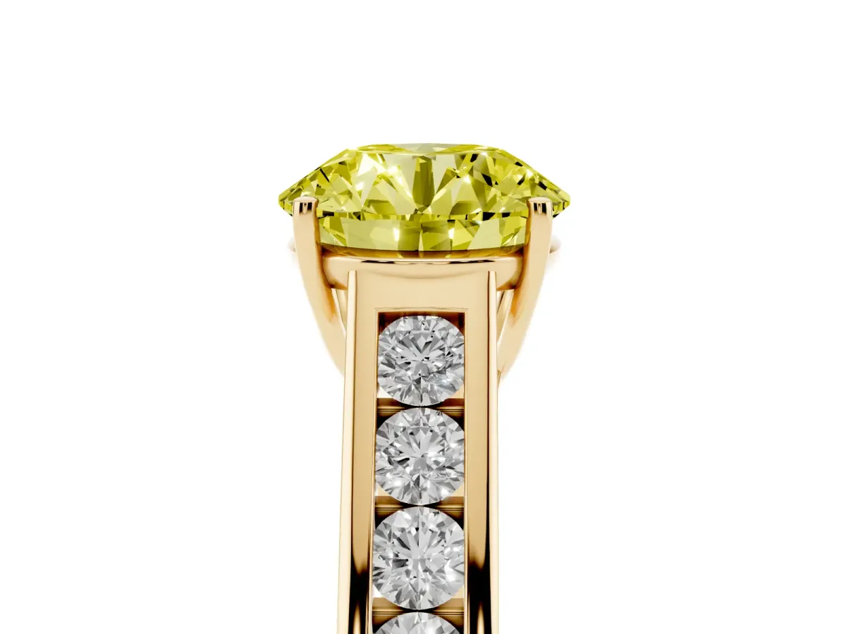 Fancy Yellow Round Cut Brilliant Channel-Set Solitaire Ring with Four-Prong Setting Yellow gold