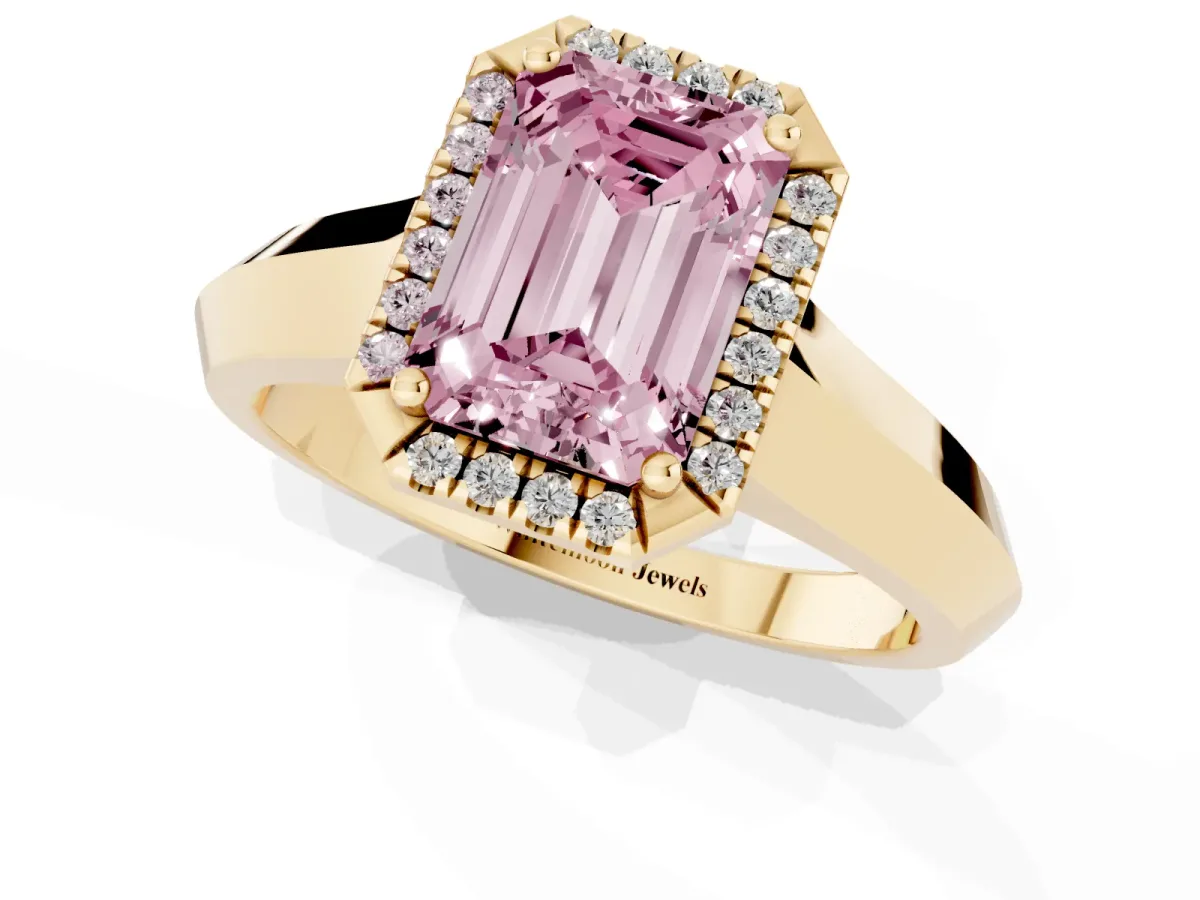 Fancy Pink Emerald Cut Halo Diamond Ring with Cathedral Band and Four-Prong Setting Yellow gold