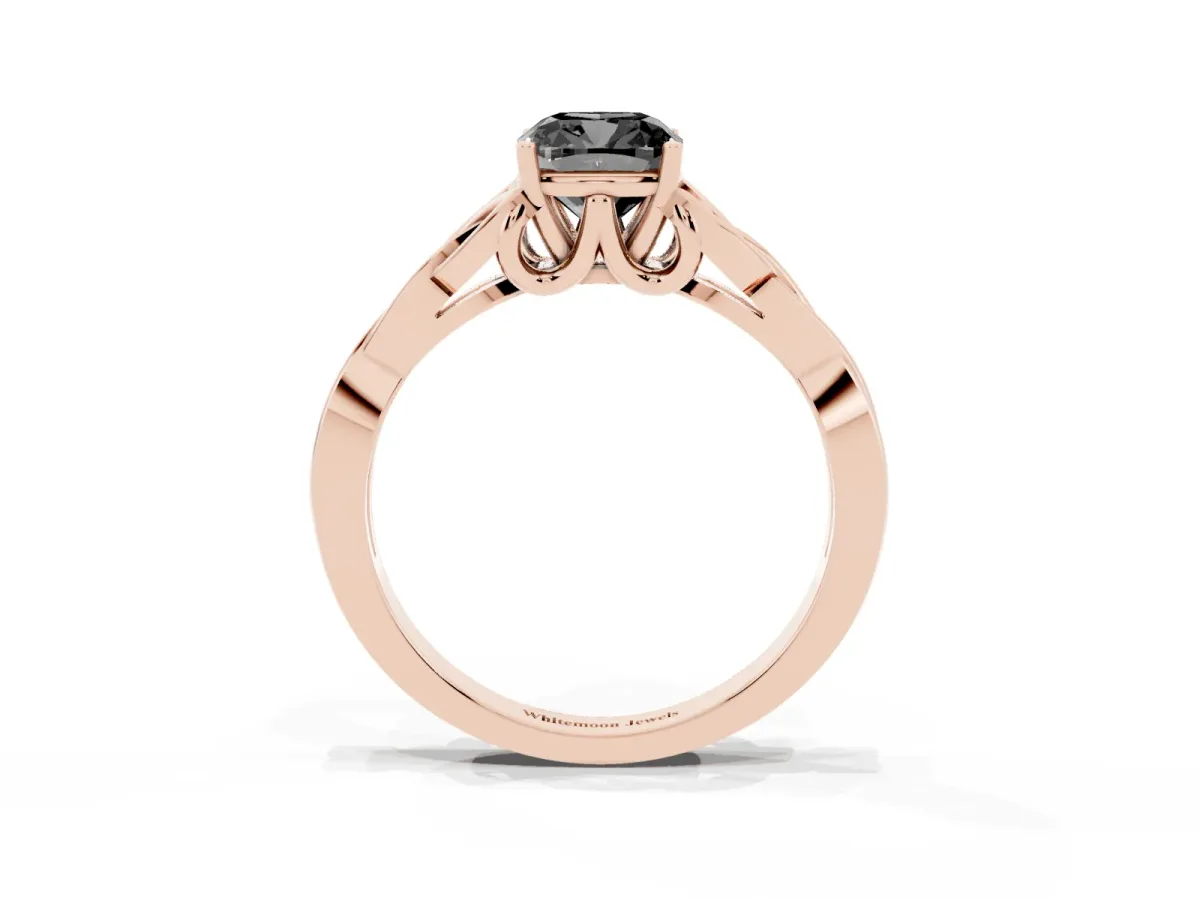 Fancy Black Cushion Cut Diamond Solitaire Engagement Ring with Celtic Knot Band and Four-Prong Setting Rose gold