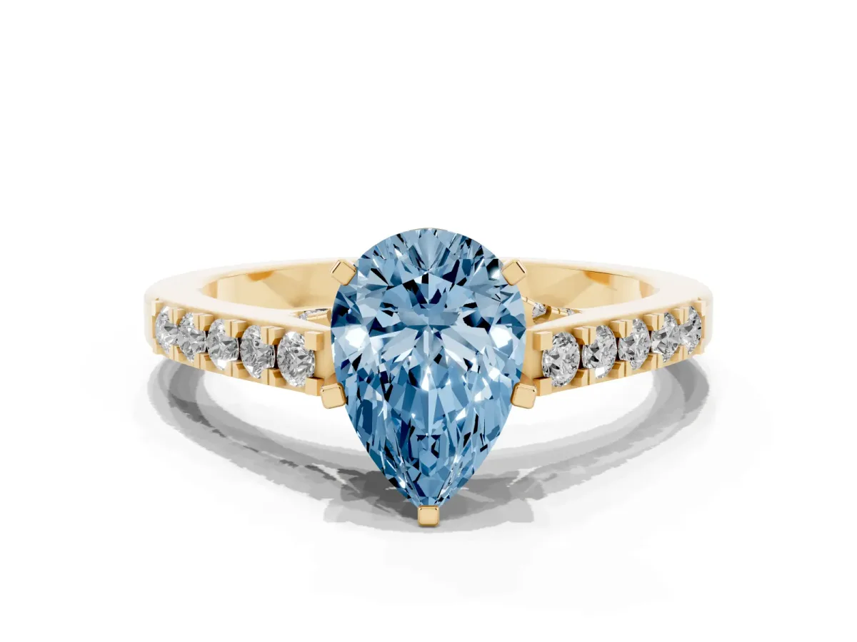 Fancy Blue Pear Cut Diamond Solitaire Ring with Crossover Gallery and Round Pavé Band Yellow gold