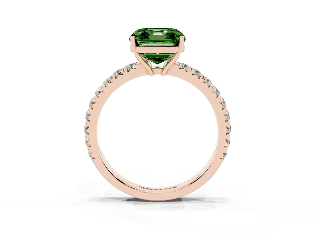 Fancy Green Asscher Cut Diamond Pavé Solitaire Engagement Ring with Four-Prong Setting Rose gold