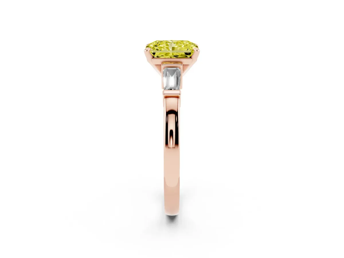 Fancy Yellow Radiant Cut Cut Diamond Solitaire Ring with Tapered Baguette Accents and Four-Prong Setting Rose gold