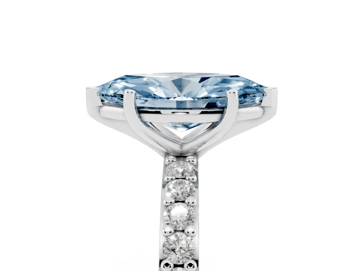 Fancy Blue Marquise Cut Cut Diamond Solitaire with Pave Band and Four-Prong Setting Silver