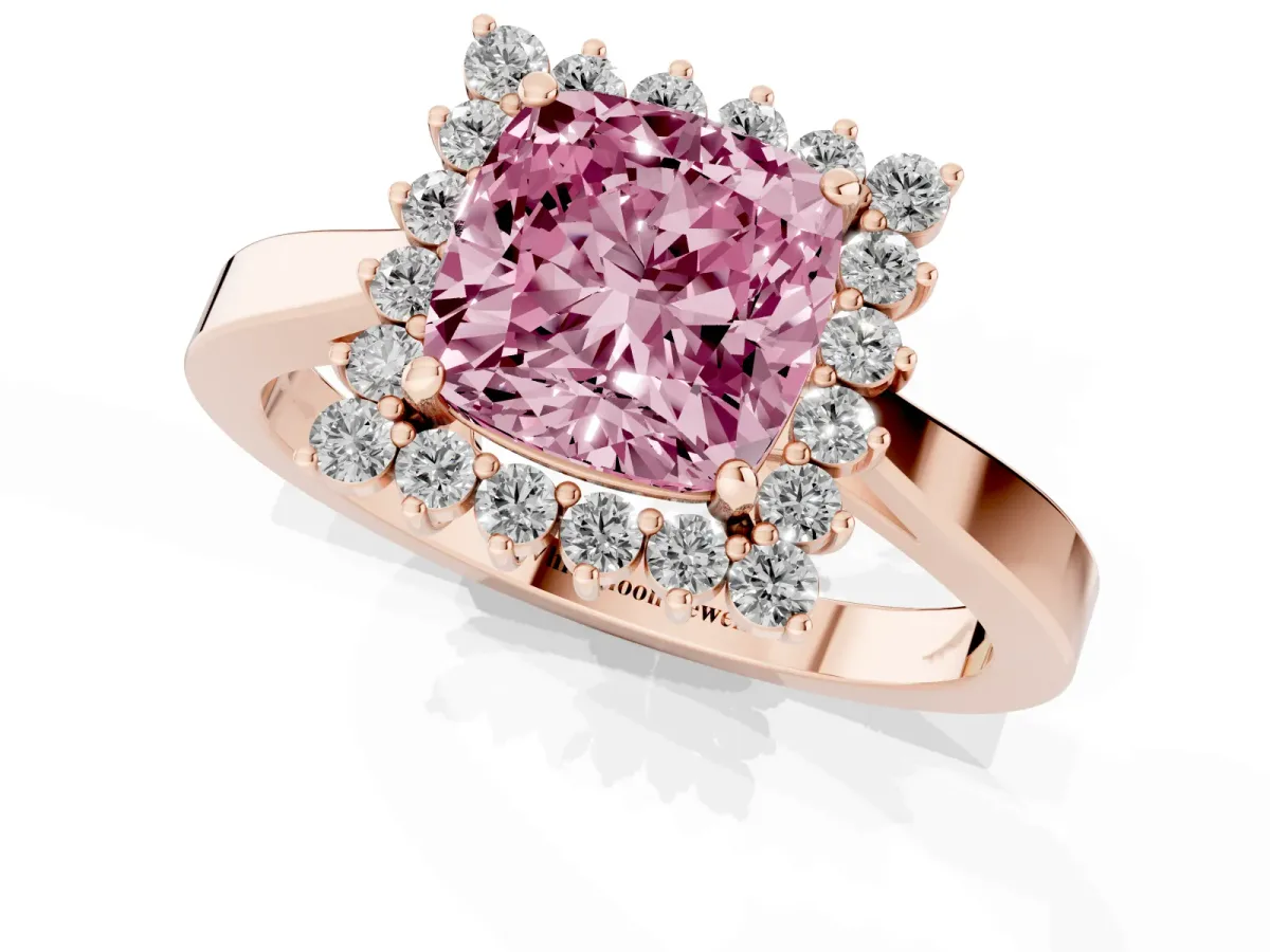 Fancy Pink Cushion Cut Cut Diamond Halo Ring with Round Brilliant Halo and Solitaire Band Rose gold