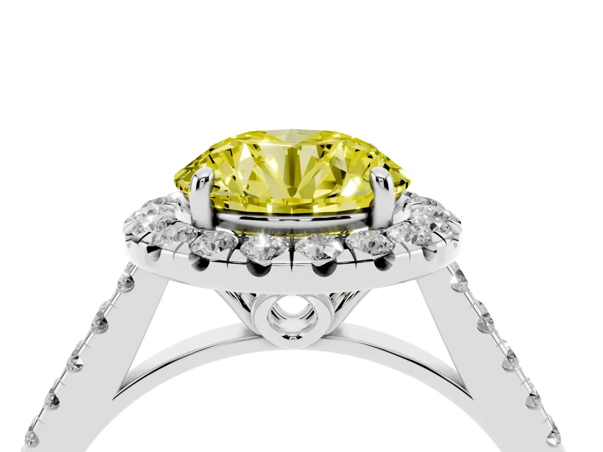 Fancy Yellow Round Cut Halo Pavé Diamond Engagement Ring with Four-Prong Setting Silver