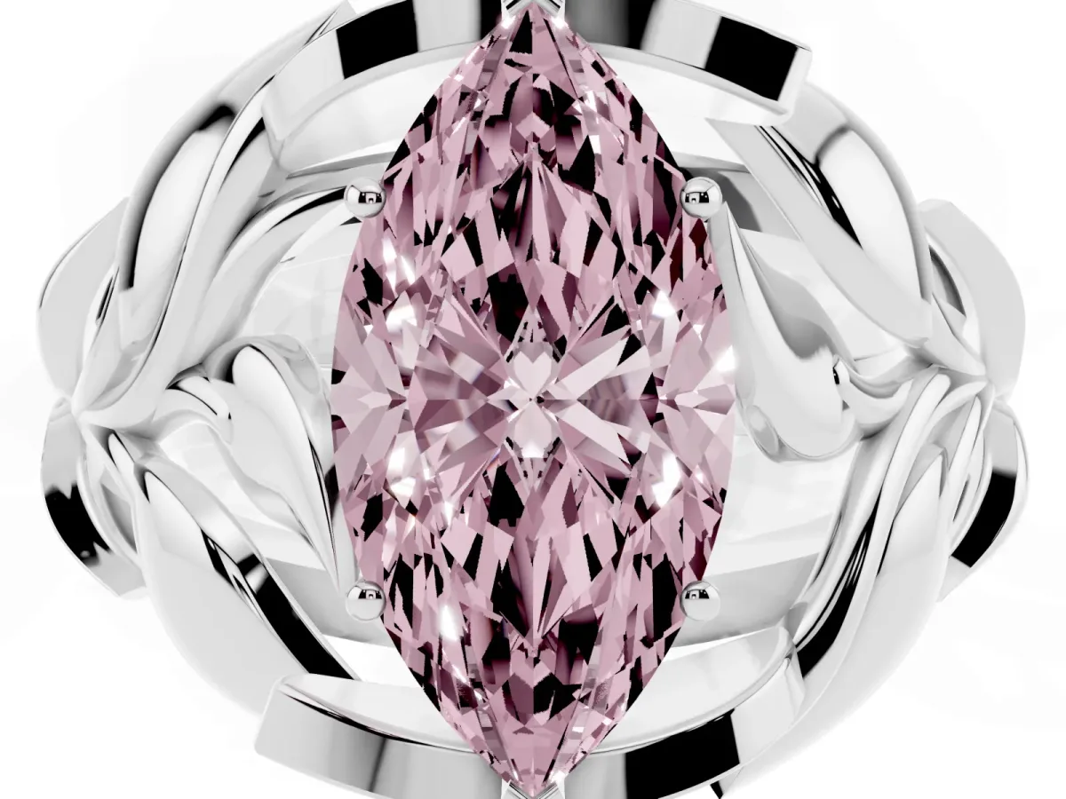 Fancy Pink Marquise Cut Diamond Leaf-Inspired Engagement Ring with Round Accents and Prong Setting Silver