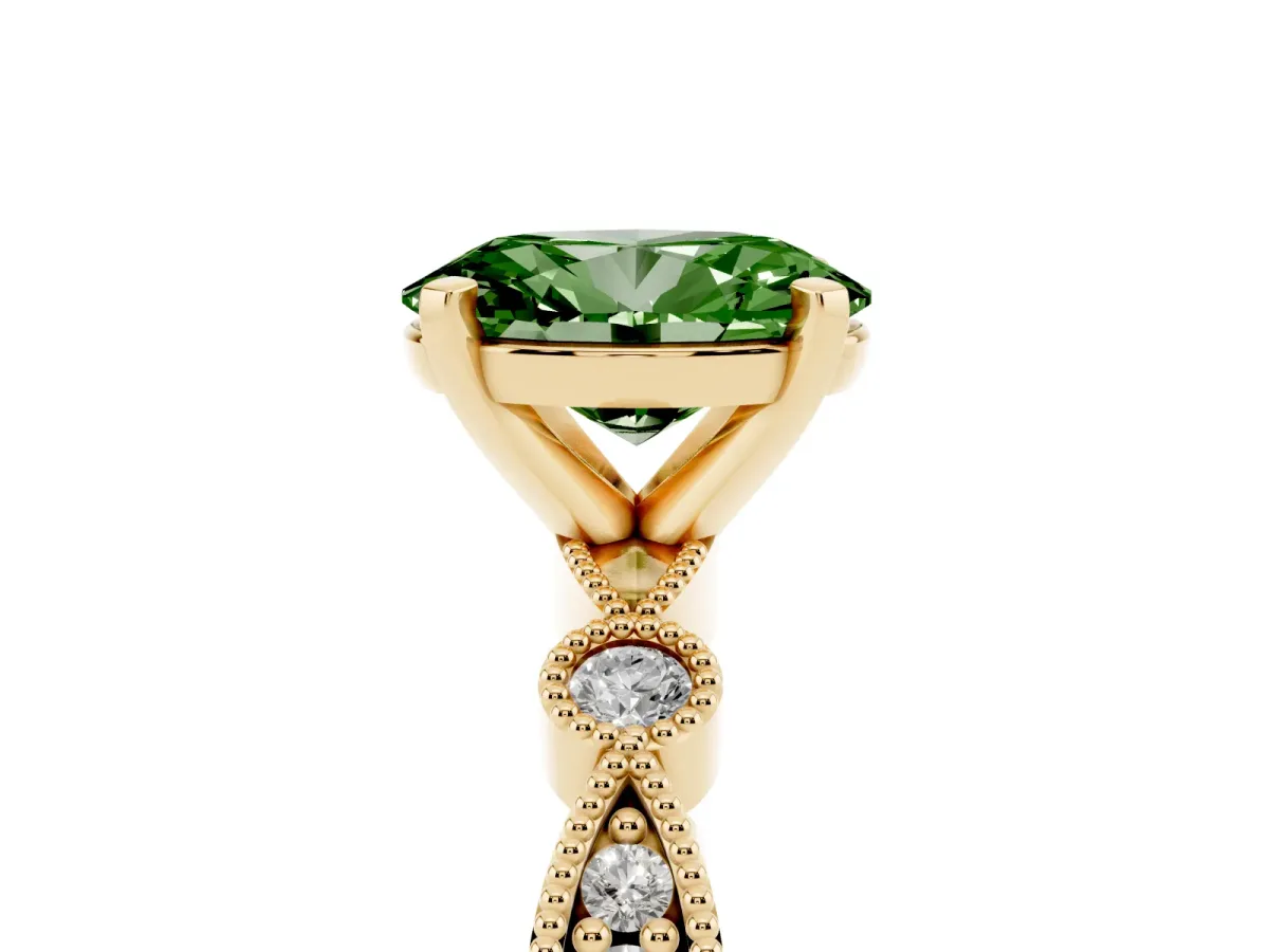 Fancy Green Oval Cut Milgrain Bezel Diamond Engagement Ring with Solitaire Prong Setting Yellow gold