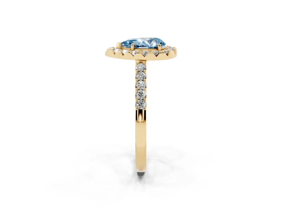 Fancy Blue Pear Cut Halo Diamond Pavé Solitaire Ring Yellow gold