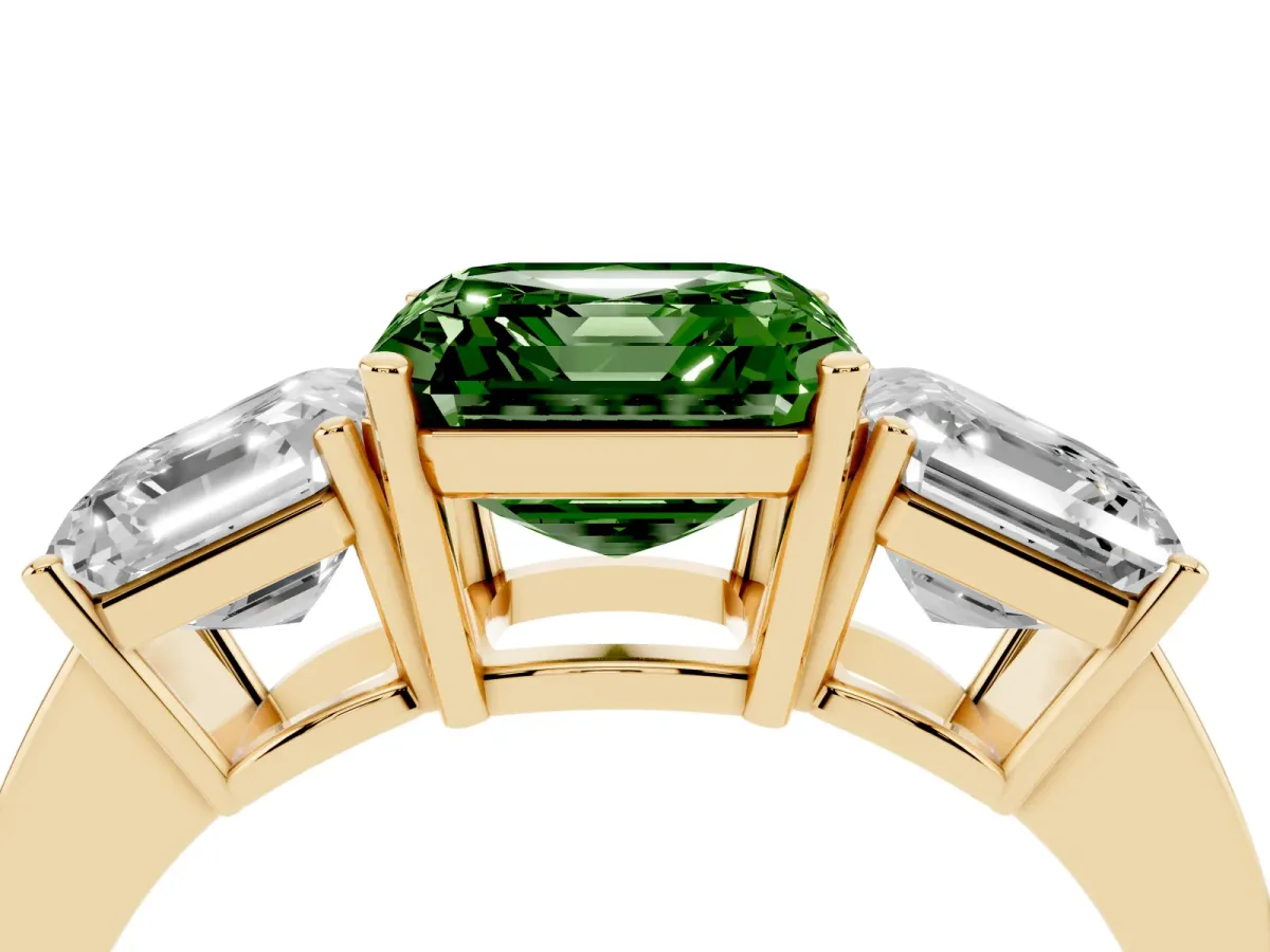 Fancy Green Three-Stone Asscher Cut Cut Diamond Engagement Ring with Flat Band and Four-Prong Setting Yellow gold