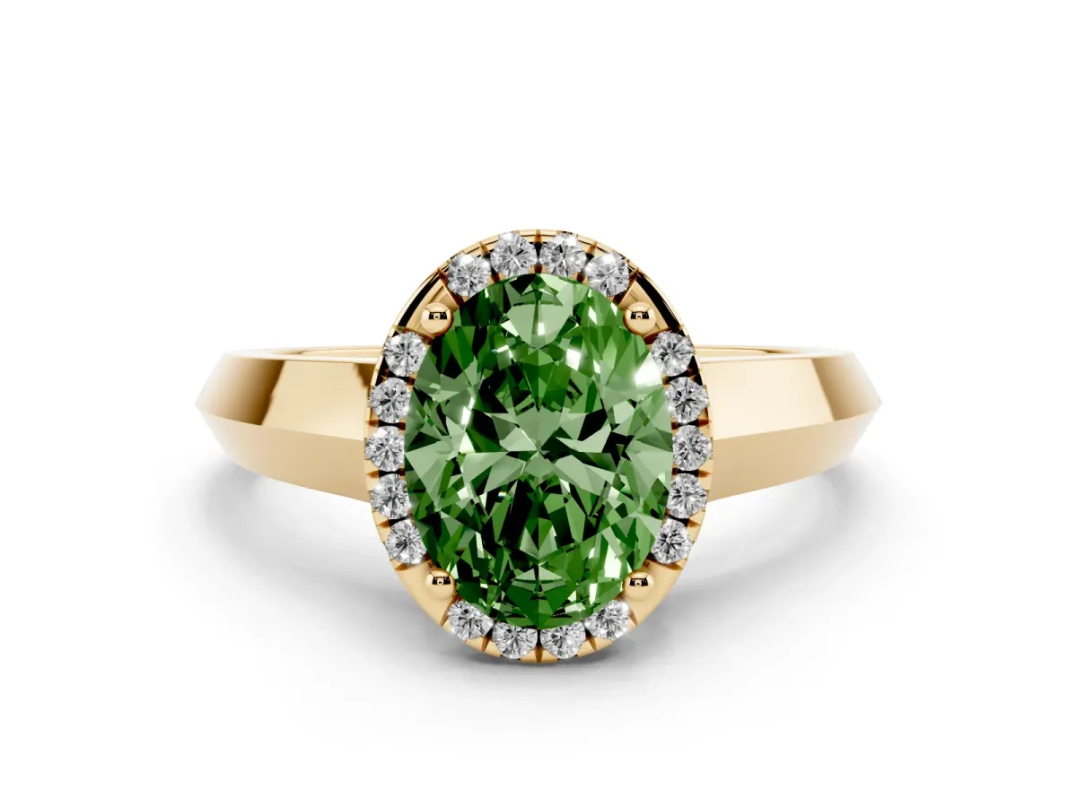Fancy Green Oval Cut Halo Diamond Ring with Cathedral Band and Four-Prong Setting Yellow gold