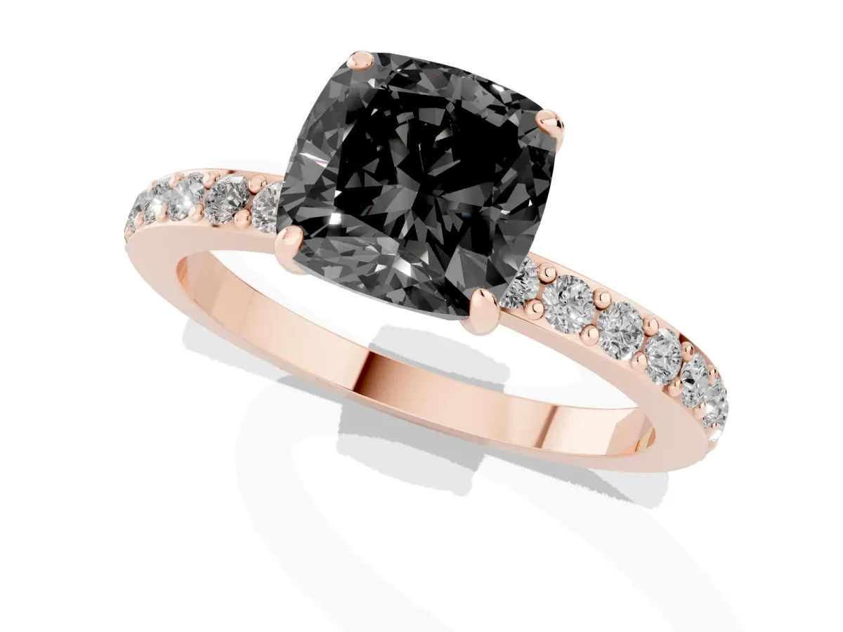 Fancy Black Cushion Cut Diamond Solitaire Engagement Ring with Pavé Band and Four-Prong Setting Rose gold
