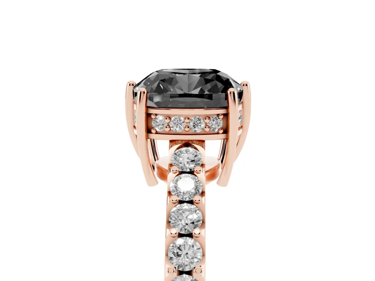 Fancy Black Cushion Cut Solitaire Diamond Engagement Ring with Pavé Band and Six-Prong Setting Rose gold