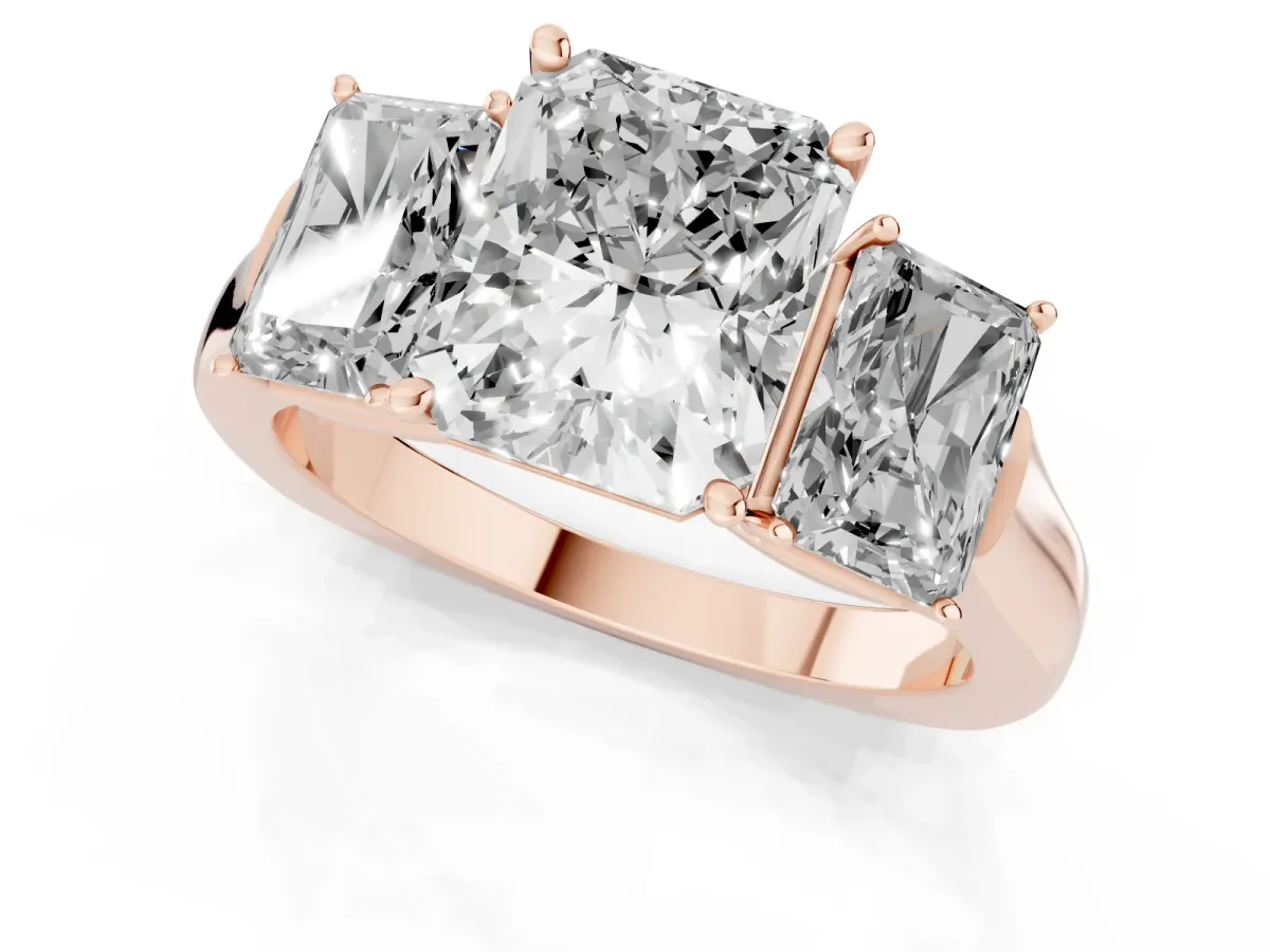 Three-Stone Radiant Cut Brilliant Diamond Trellis Ring with Comfort Fit Band Rose gold