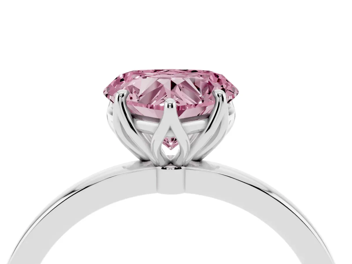 Fancy Pink Heart Cut Diamond Solitaire Ring with Thin Band and Prong Setting Silver