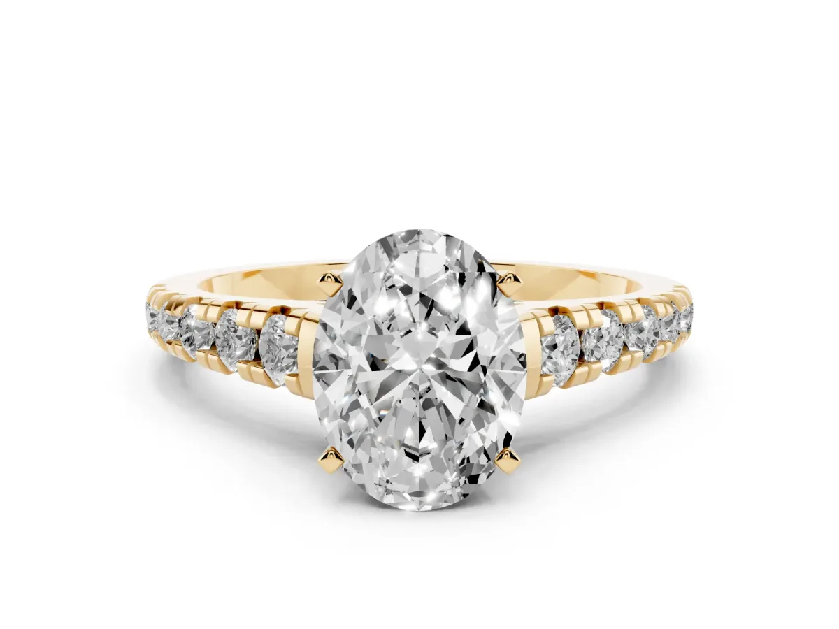 Oval Cut Diamond Cathedral Solitaire Ring with Round Pavé Band Yellow gold