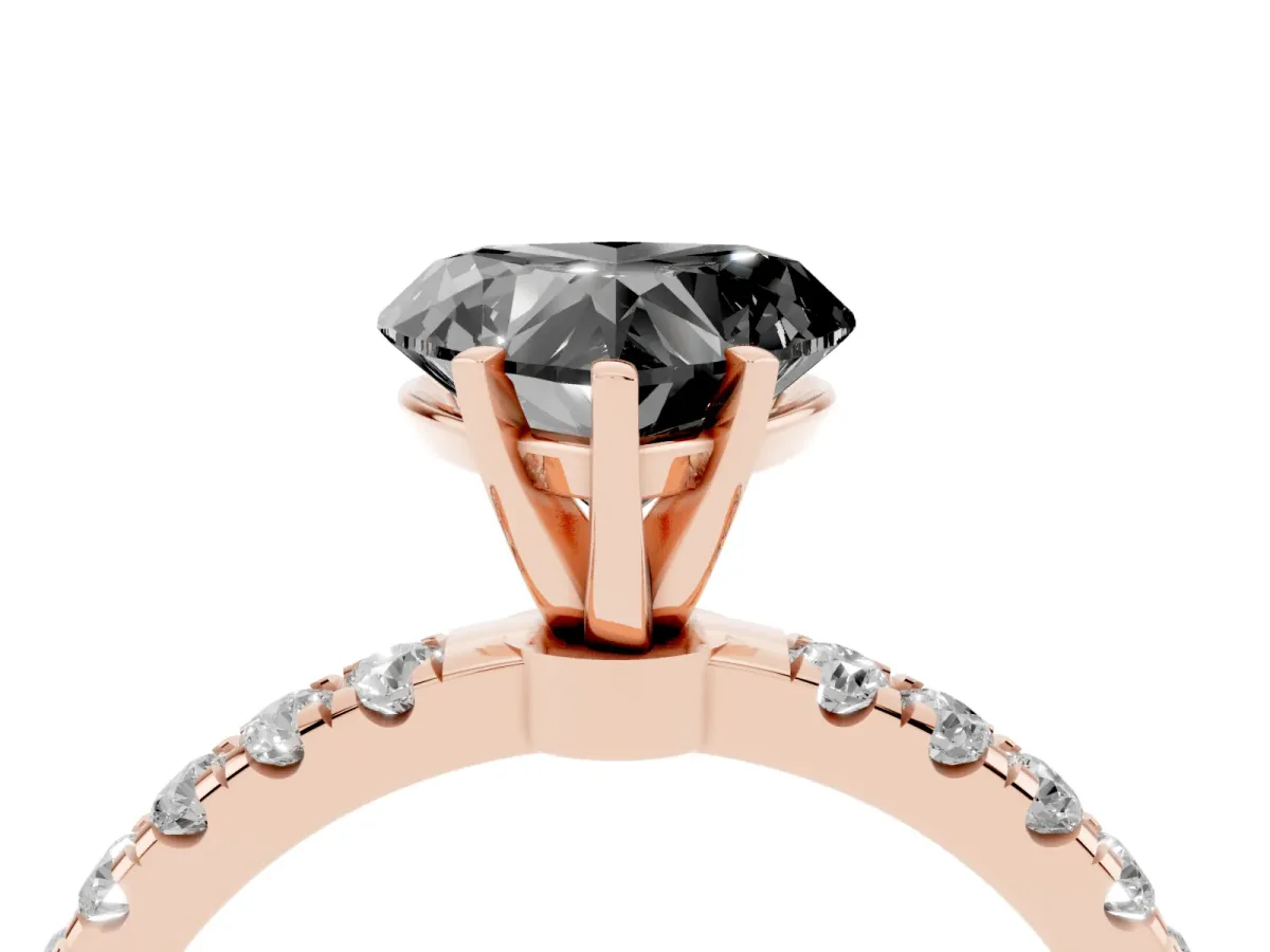 Fancy Black Heart Cut Diamond Solitaire Ring with Pavé Accents and Four-Prong Setting Rose gold