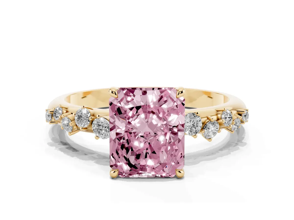Fancy Pink Radiant Cut Diamond Cluster Prong-Set Solitaire Ring Yellow gold