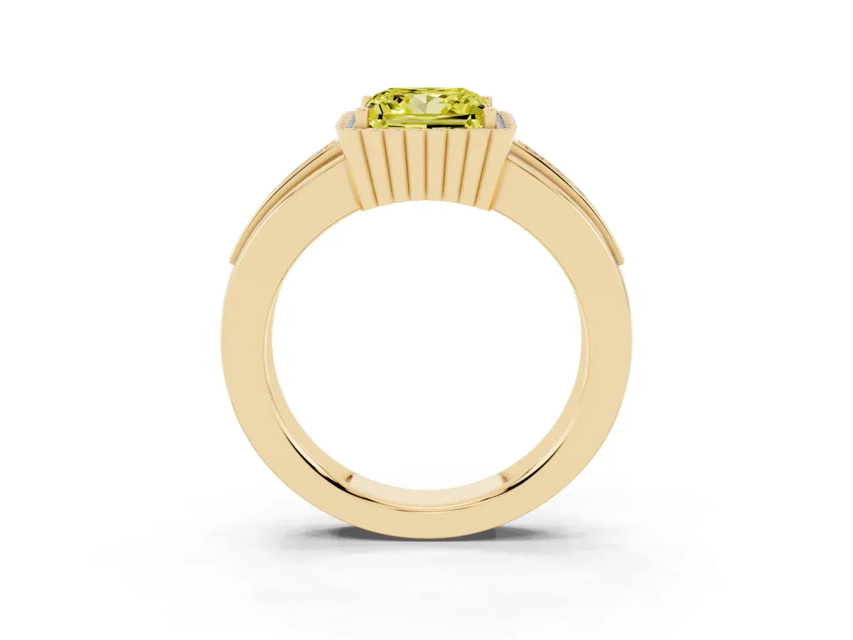 Fancy Yellow Princess Cut Cut Halo Pave Band Four-Prong Ring Yellow gold