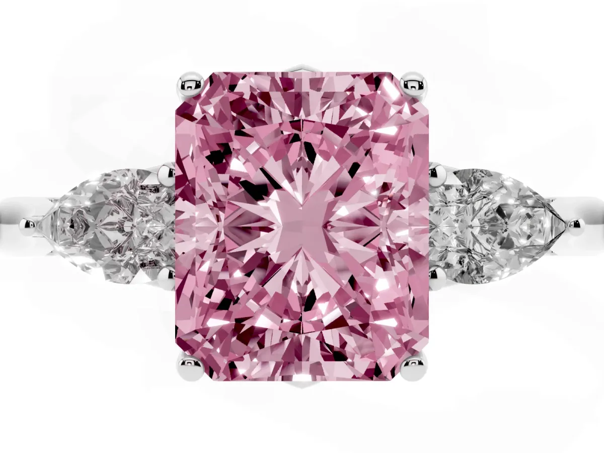 Fancy Pink Radiant Cut Diamond Three-Stone Ring with Pear Side Stones and Prong Setting Silver
